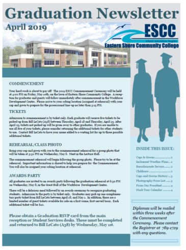 April 2019 Graduation Newsletter consisting of Commencement, Tickets, Rehearsal/Class Photo, and Awards Party